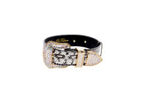 Black and white snake pattern collar featuring gold-tone hardware encrusted with clear Swarovski crystals.