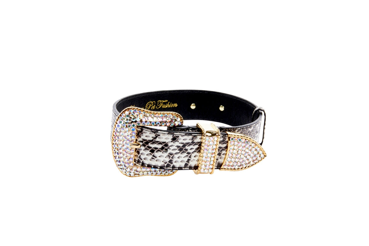 Black and white snake pattern collar featuring gold-tone hardware encrusted with clear Swarovski crystals.