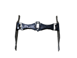 Black metal shooting target stand with curved base support and horizontal connecting bar, viewed from the front against a dark background.