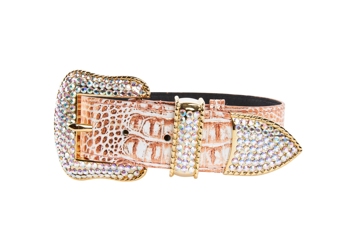 Light copper croc-embossed leather dog collar with gold-tone buckle and strap loop encrusted in sparkling Swarovski crystals.