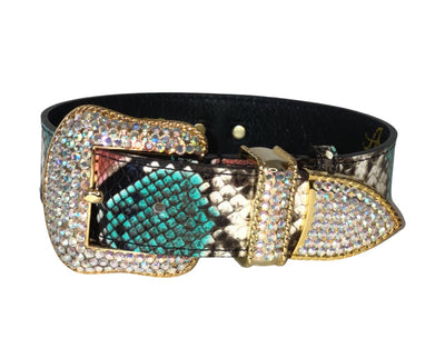 Multi-Color Embossed Snake Italian Leather Collar, with Italian Made Swarovski Crystal Hardware