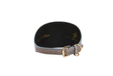 Curved baby blue and bronze snake-patterned pet collar with gold buckle and small loop on a white background.