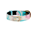 XS Italian leather pet collar with an abstract floral print in pastel blue and pink, featuring gold oval buckle and D-ring hardware.