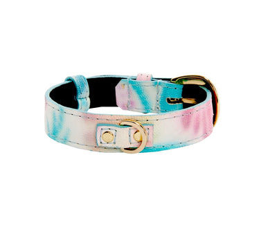 XS Abstract Floral Print Italian Leather Collar With Gold Oval Hardware