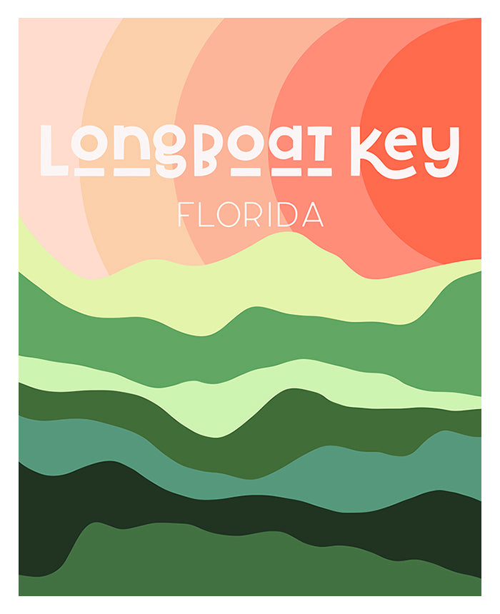 Colorful abstract art print titled 'Destination: Longboat Key' showing layered organic shapes in pastel tones