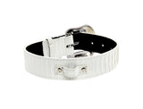 Matte white collar with a subtle snake texture and a polished silver buckle with decorative edge, shown coiled with a black interior lining.