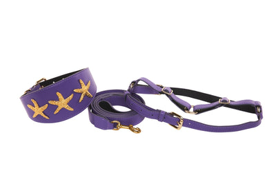 Purple Italian leather dog collar, leash, and harness set with custom gold starfish detail