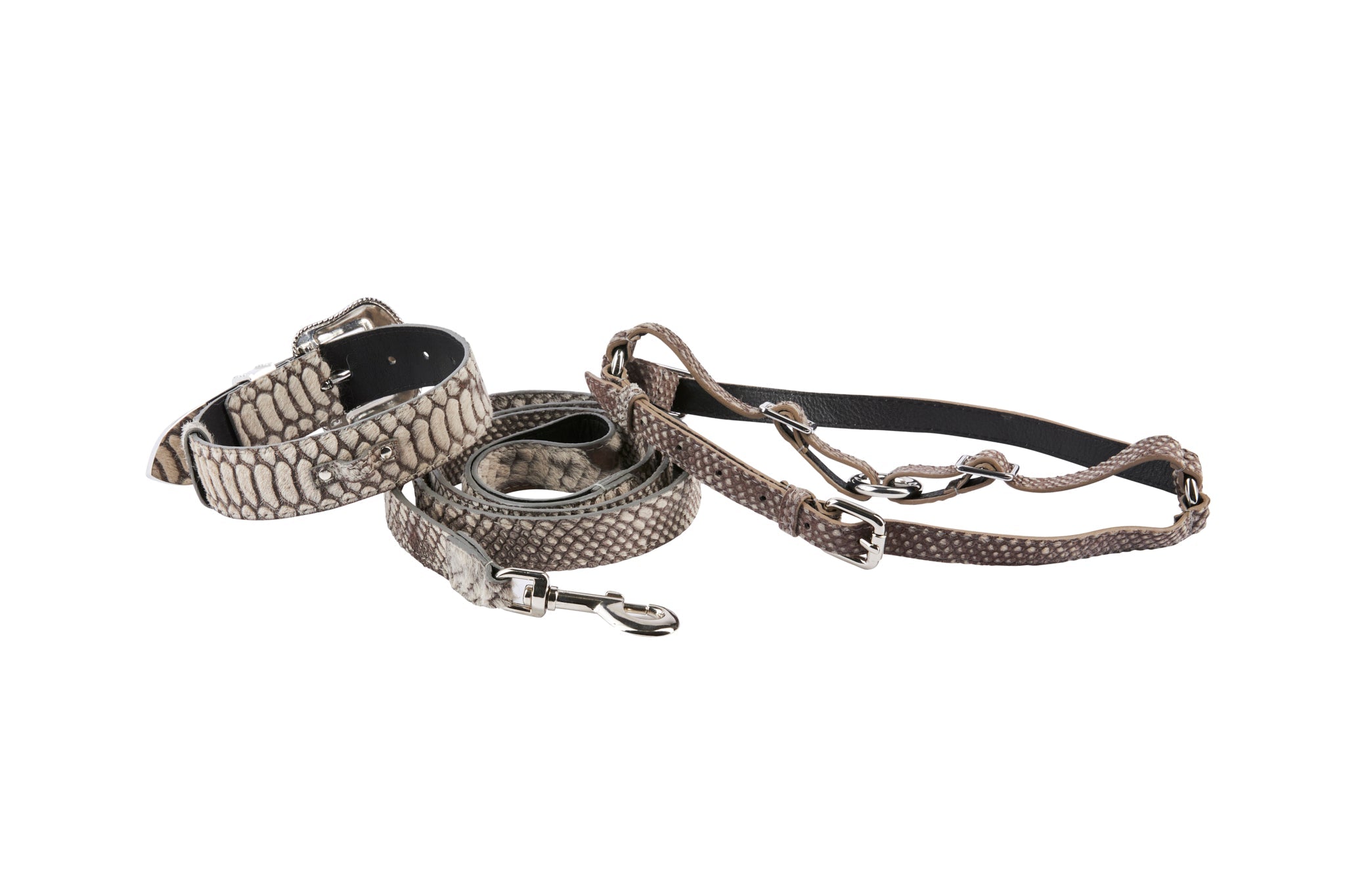 Grey Snake Print Hair On Hide Italian Leather Collar & Leash Set With