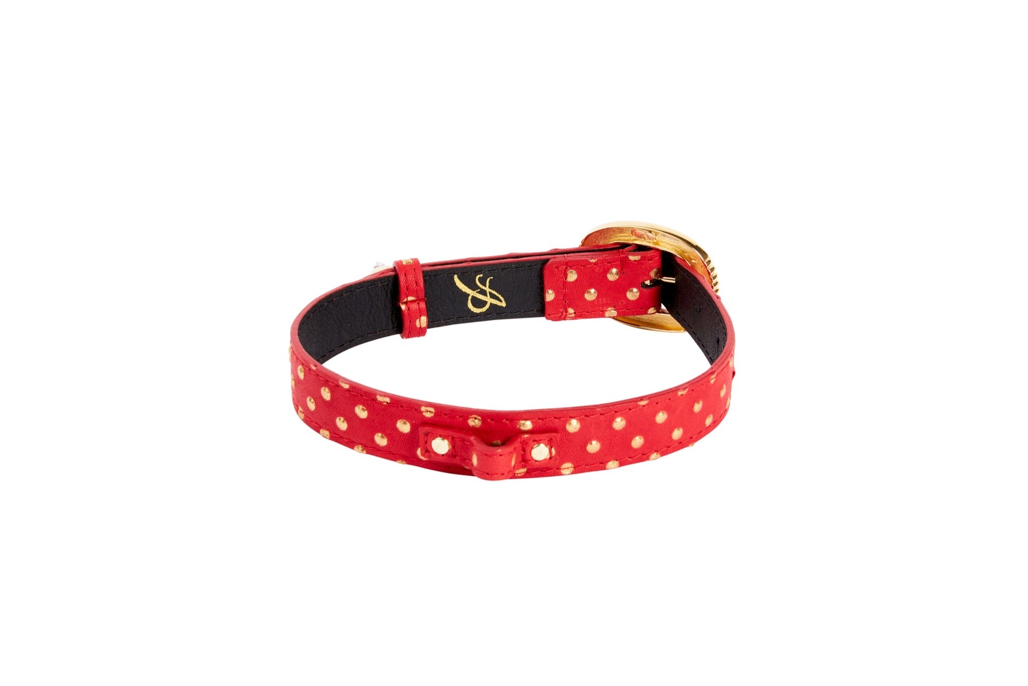 Red & Gold Polka Dot Italian Leather Collar With Italian/Swarovski