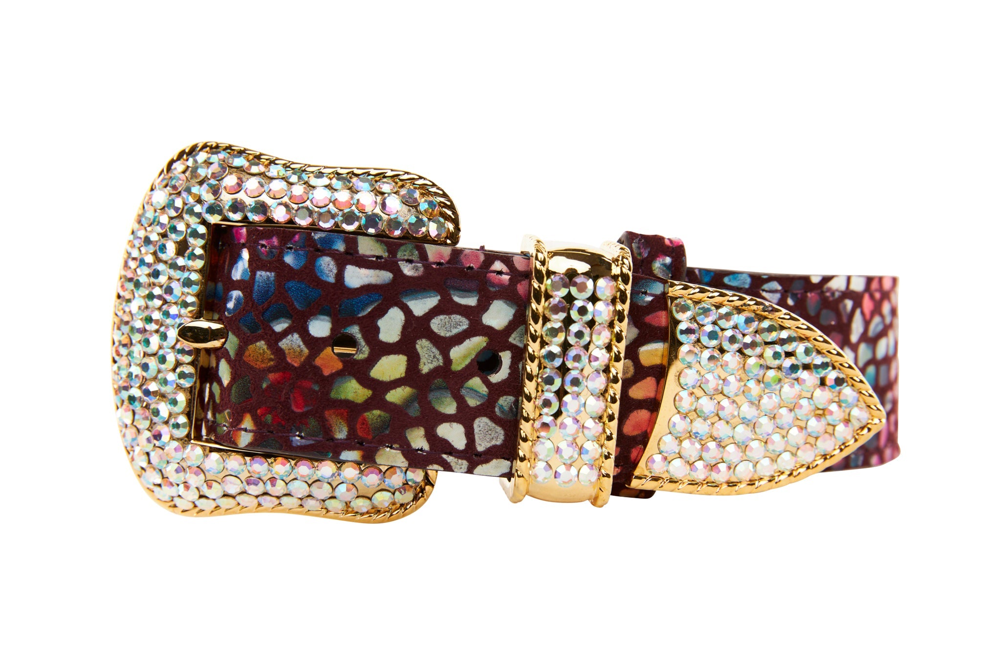 Luxury pet collar in burgundy floral mosaic Italian leather with gold Swarovski crystal hardware