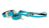 Aqua Blue Italian Leather Collar, Leash, and Harness Set with Swarovski Crystals