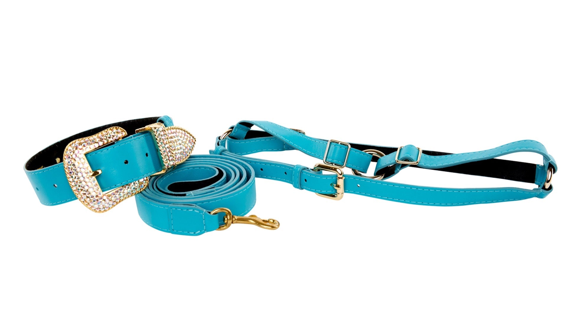 Aqua Blue Italian Leather Collar, Leash, and Harness Set with Swarovski Crystals