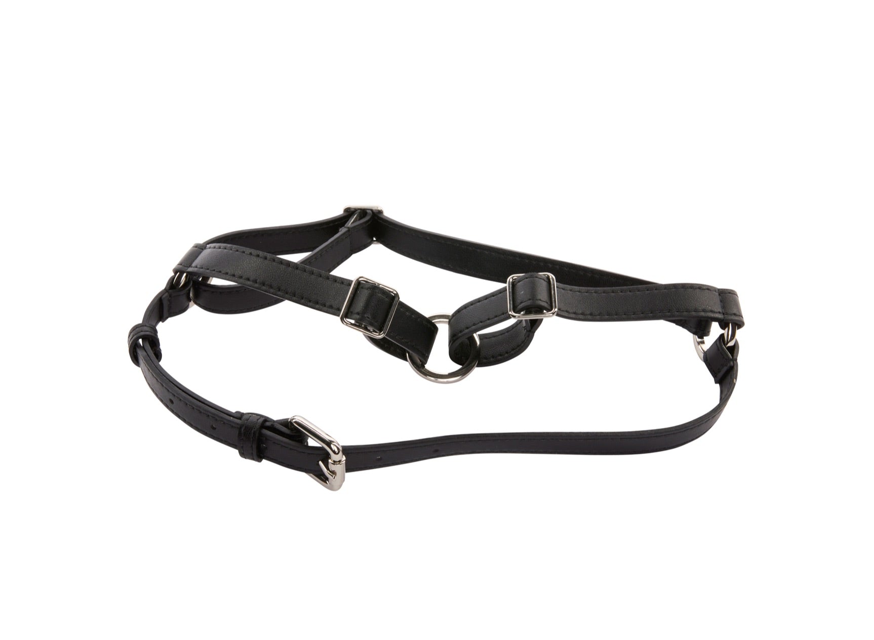 Black Vegan Leather Harness with Silver Hardware displayed flat on a neutral background