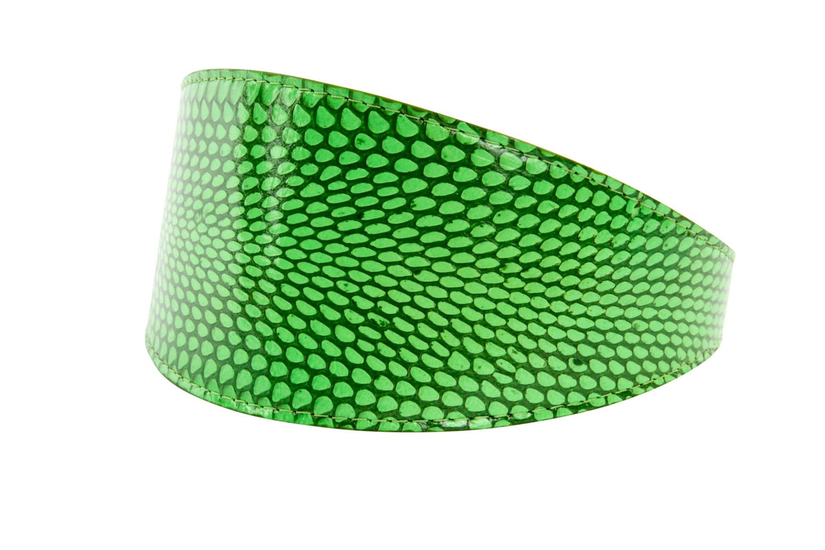 Dark neon green collar with a snake scale pattern, 3 inches wide, shown at an angle on a white background.
