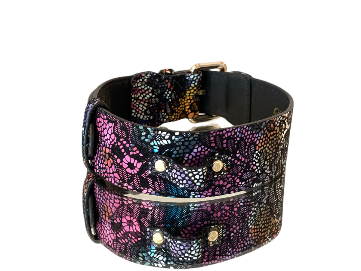 Black leather pet collar with multicolored floral lace pattern and gold-toned classic buckle hardware, shown in a curved position.