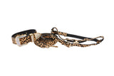 Classic leopard print belt with Swarovski crystal-encrusted buckle and matching leash, made from hair-on-hide Italian leather in tan, black, and brown tones.