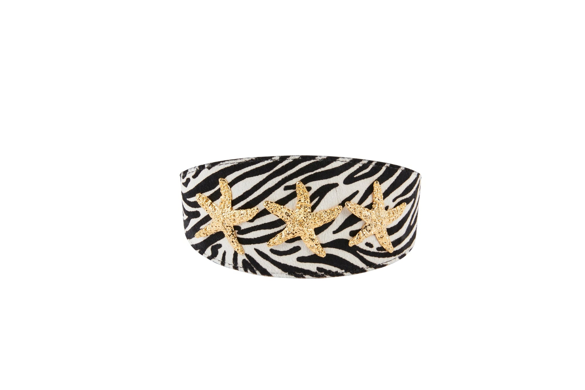 Zebra print hair on hide Italian leather pet collar with a gold starfish accent