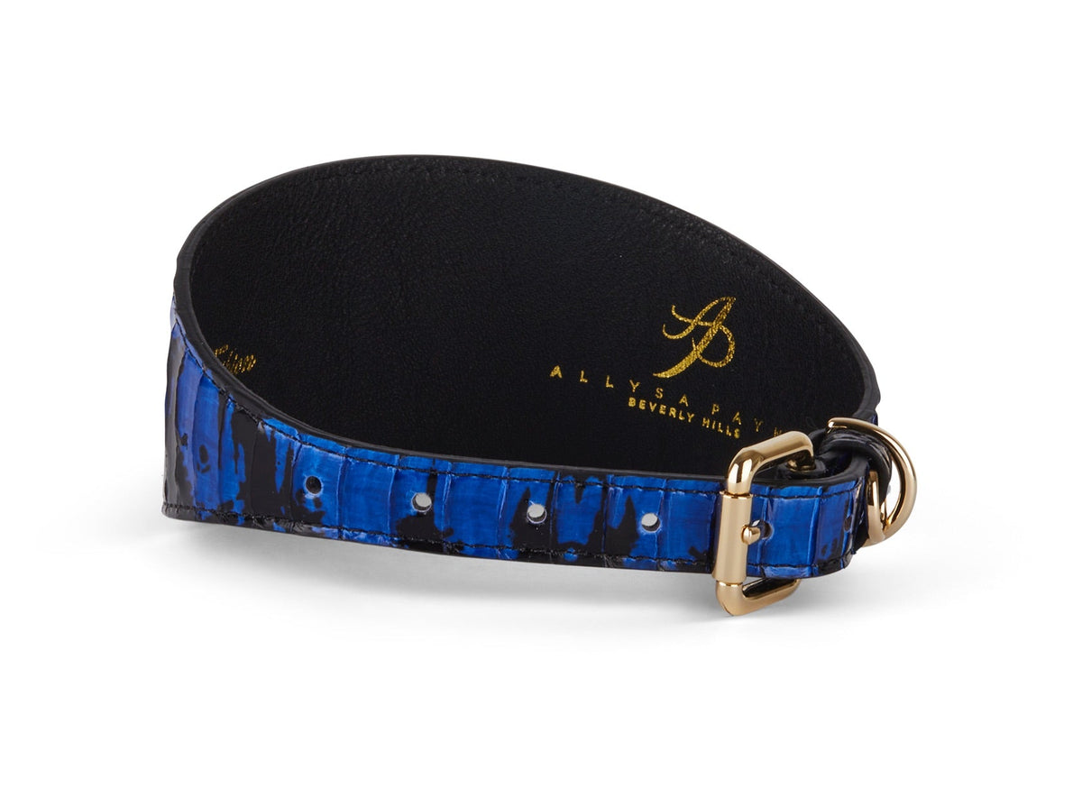 Black and royal blue snake-patterned 3-inch wide dog collar with gold-tone buckle and embossed gold branding on the inner black lining.