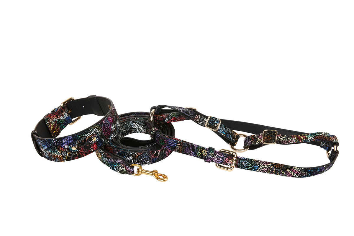 Set of black floral-embossed Italian leather dog collar, leash, and harness with intricate multicolored lace patterns and gold-tone hardware details.