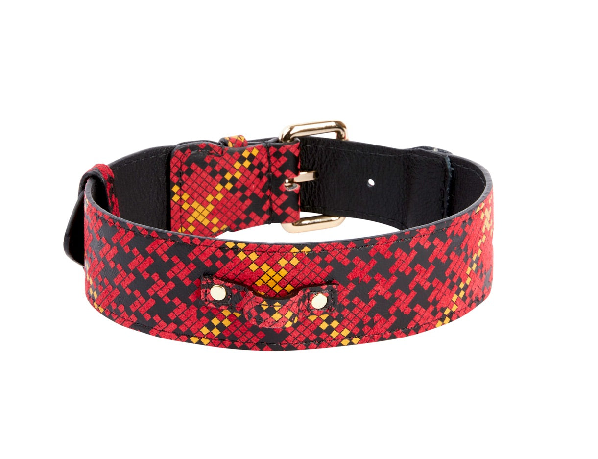 Red, Black & Yellow Elegant Plaid Italian Leather Collar With Gold by Allysa Payne Beverly Hills - product image 2 for Resin Society