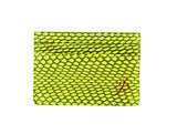 Neon green card wallet with snake scale pattern and a small red logo on the bottom right corner, showing three card slots on the front.