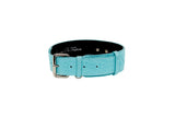 Turquoise blue distressed Italian leather classic dog collar with silver buckle and metal eyelets, displayed against a white background.