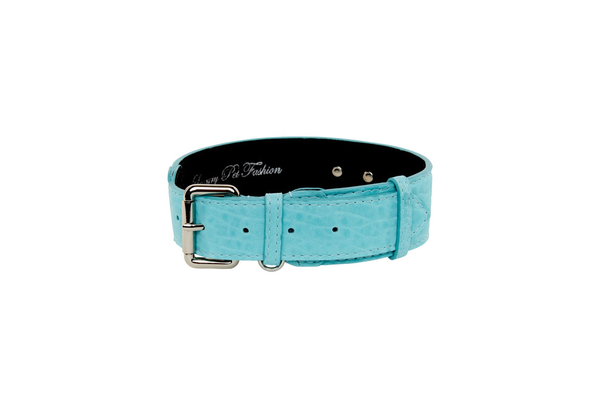 Turquoise blue distressed Italian leather classic dog collar with silver buckle and metal eyelets, displayed against a white background.