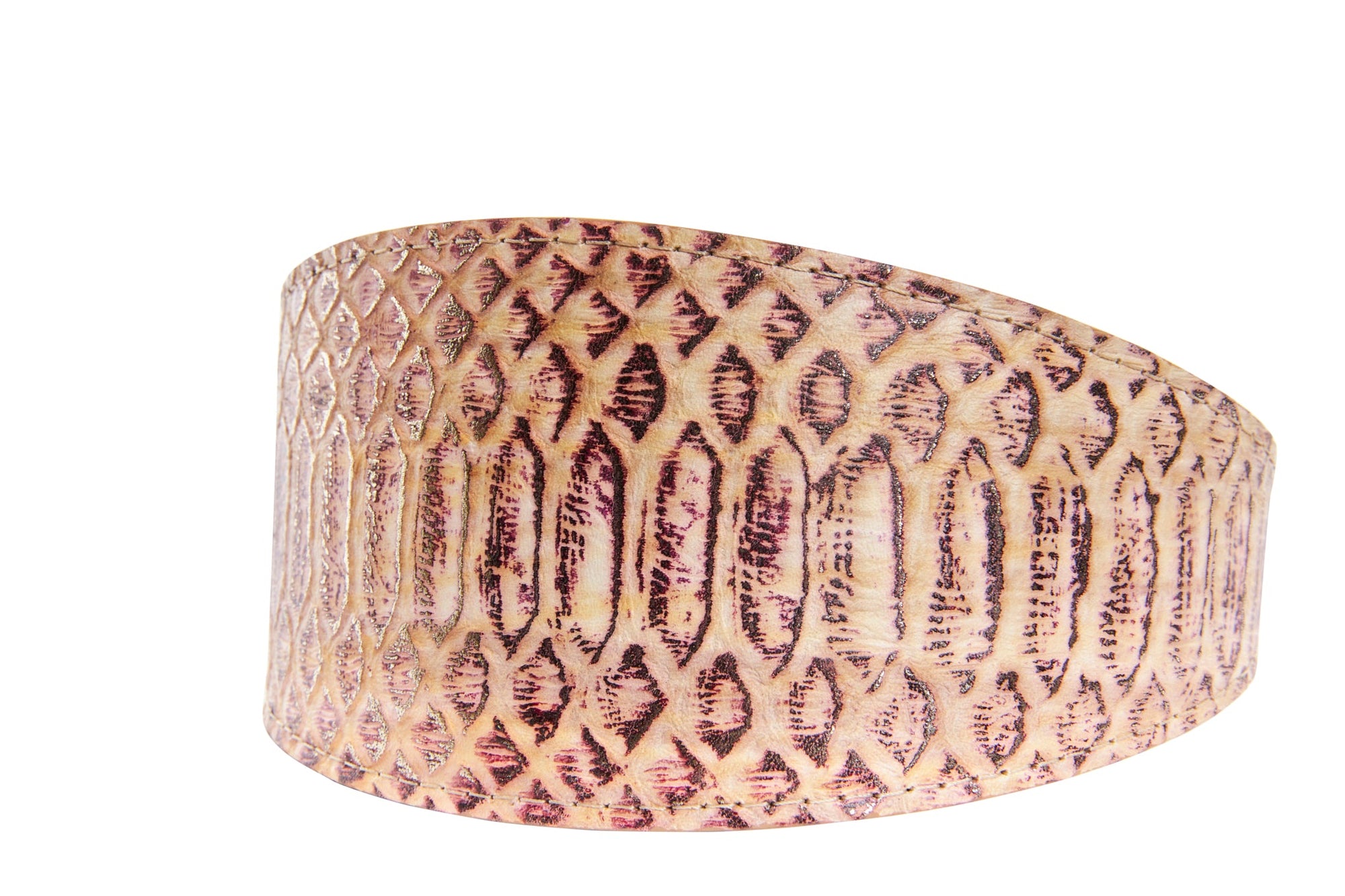 Embossed snake pattern Italian leather wide collar laid flat, showing detailed texture and buckle hardware