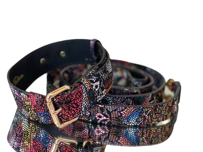 Black floral lace Italian leather dog collar and leash set with gold hardware