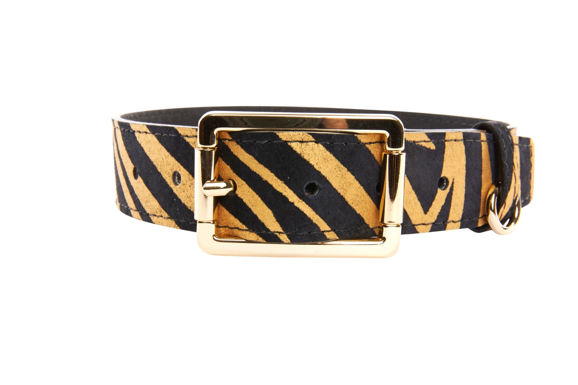 Gold and black zebra print Italian leather pet collar with modern classic hardware
