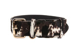 Tri-color hair on hide pet collar with gold clasp against neutral background