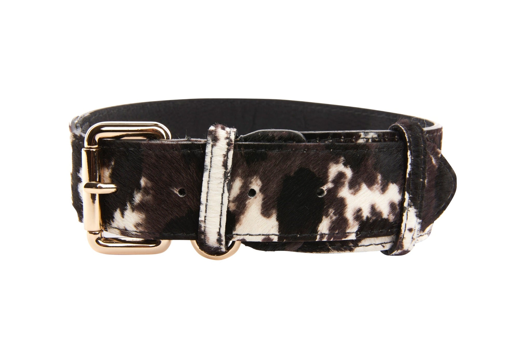 Tri-color hair on hide pet collar with gold clasp against neutral background