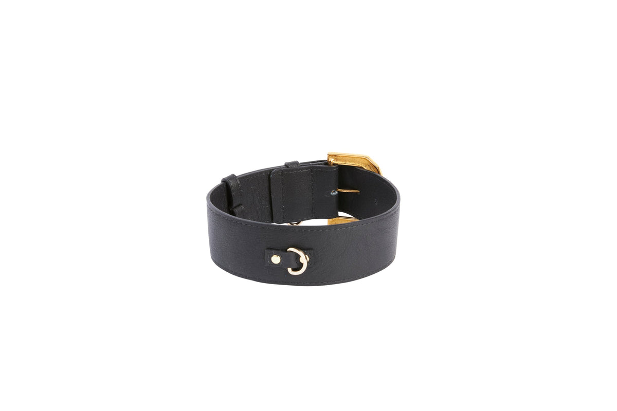Black leather collar featuring gold-tone Italian hardware including a buckle and clasp, displayed against a white background.