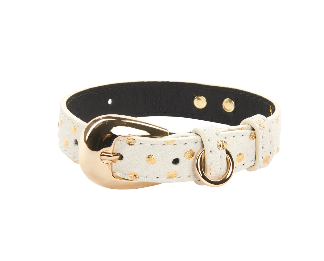 XS dog collar in white Italian leather with gold polka dots and gold oval hardware