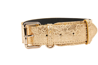 Gold Floral Print Italian Leather With Gold Classic Collar Hardware by Allysa Payne Beverly Hills - main product image for Resin Society