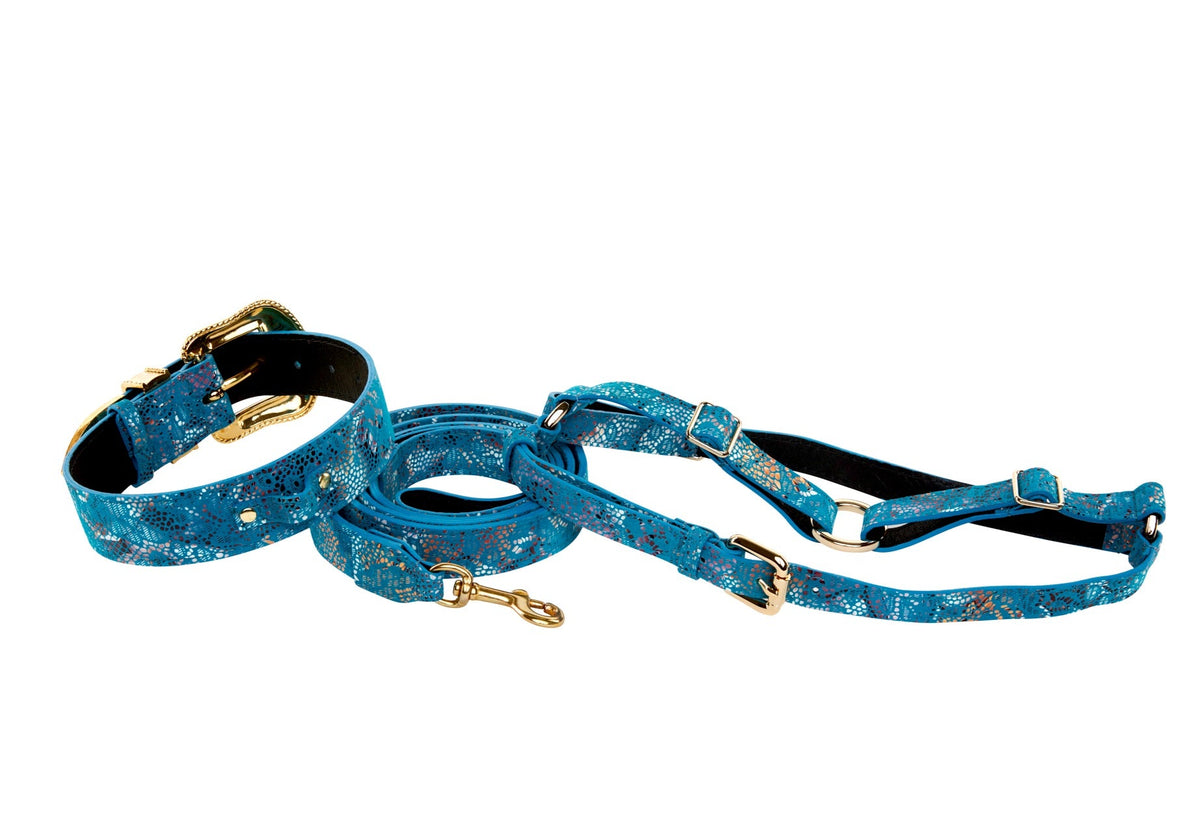 Blue Italian leather floral mosaic dog collar, leash, and harness set with gold-tone hardware and adjustable straps, shown against a white background.