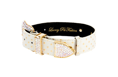 White & Gold Polka Dot Italian Leather Collar With Swarovski Crystal
