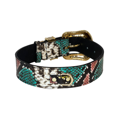Multi-Color Embossed Snake Italian Leather Collar, with Italian Made Swarovski Crystal Hardware