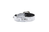 Silver Italian leather collar with small rounded studs and embedded Swarovski crystals, featuring a silver buckle and loop on a white background.