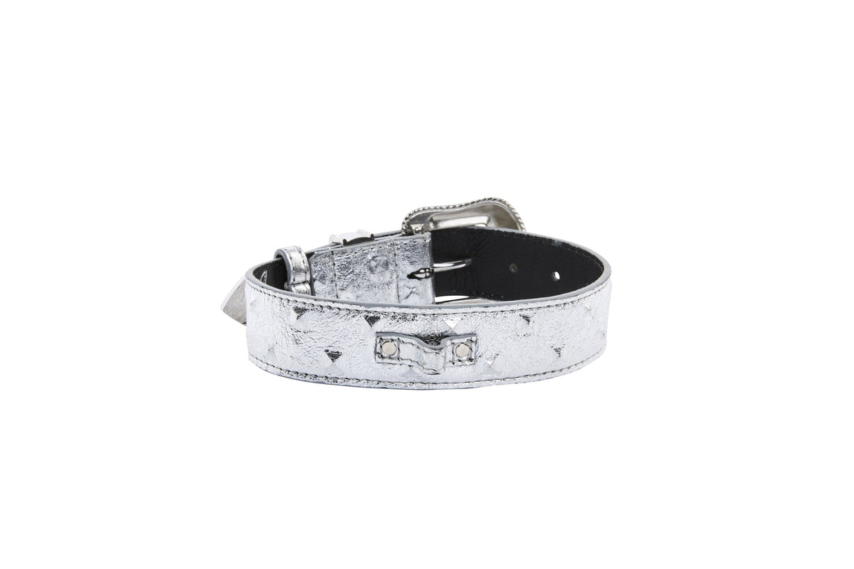 Silver Italian leather collar with small rounded studs and embedded Swarovski crystals, featuring a silver buckle and loop on a white background.
