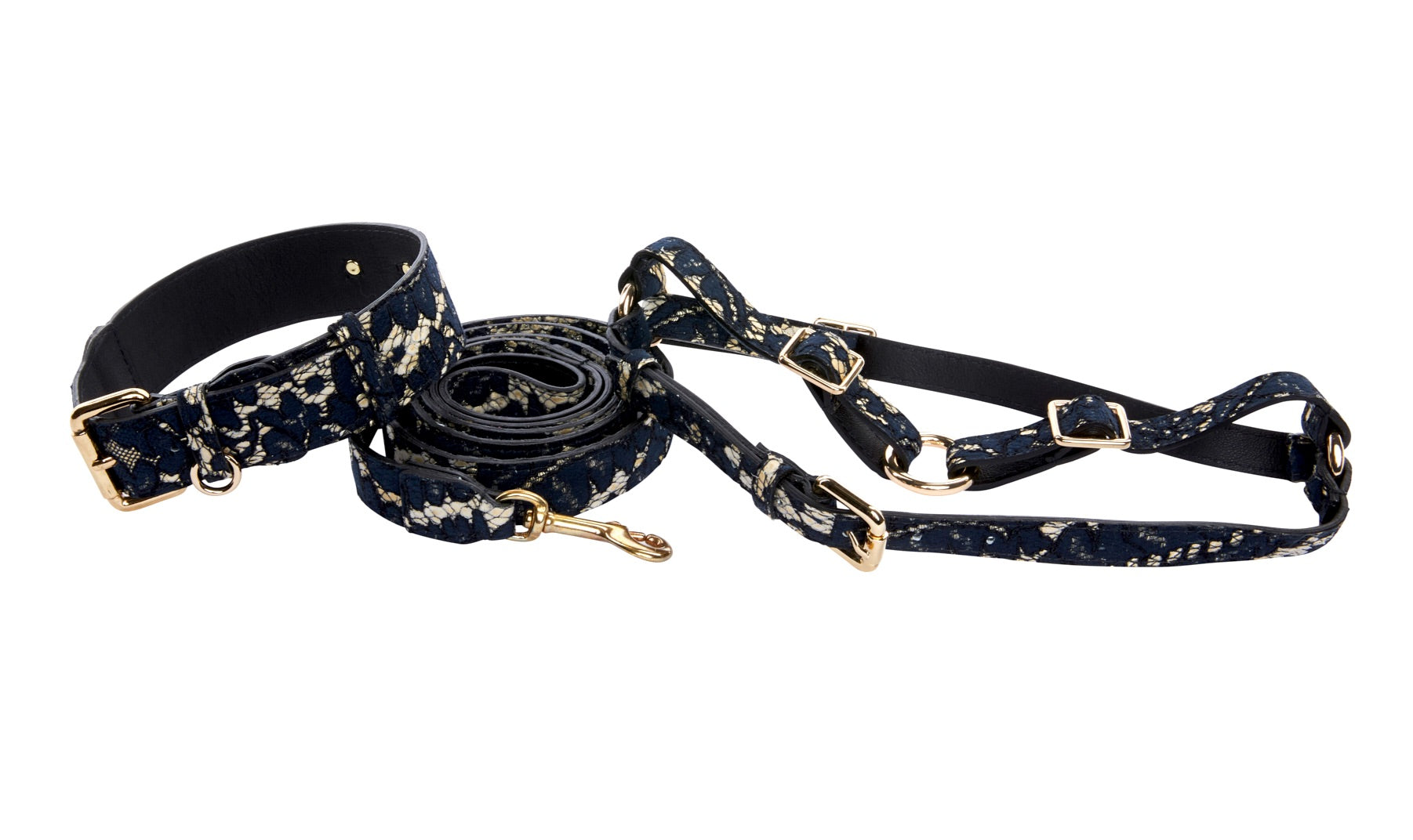 Dark Navy Lace on Gold Italian Leather Collar, Leash and Harness Set displayed flat on a black background