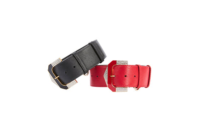 Black Italian Leather & Red Italian Leather Collar Set With Custom