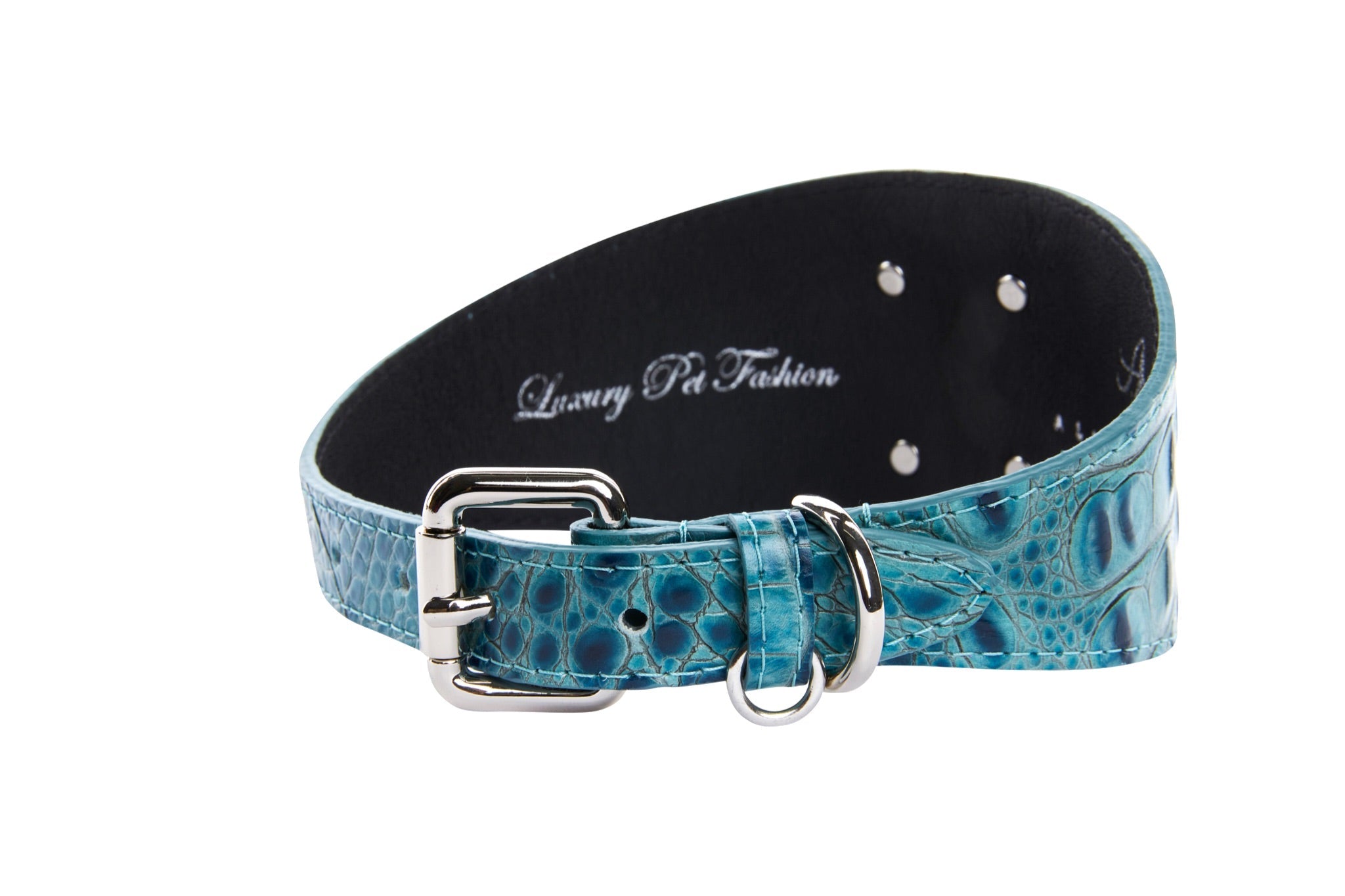 Turquoise Embossed Croc Italian Leather 3” Wide Style Collar With Large