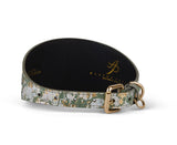 Curved, iridescent green, gold, and silver Art Deco style collar with a gold buckle and D-ring, shown against a white background.