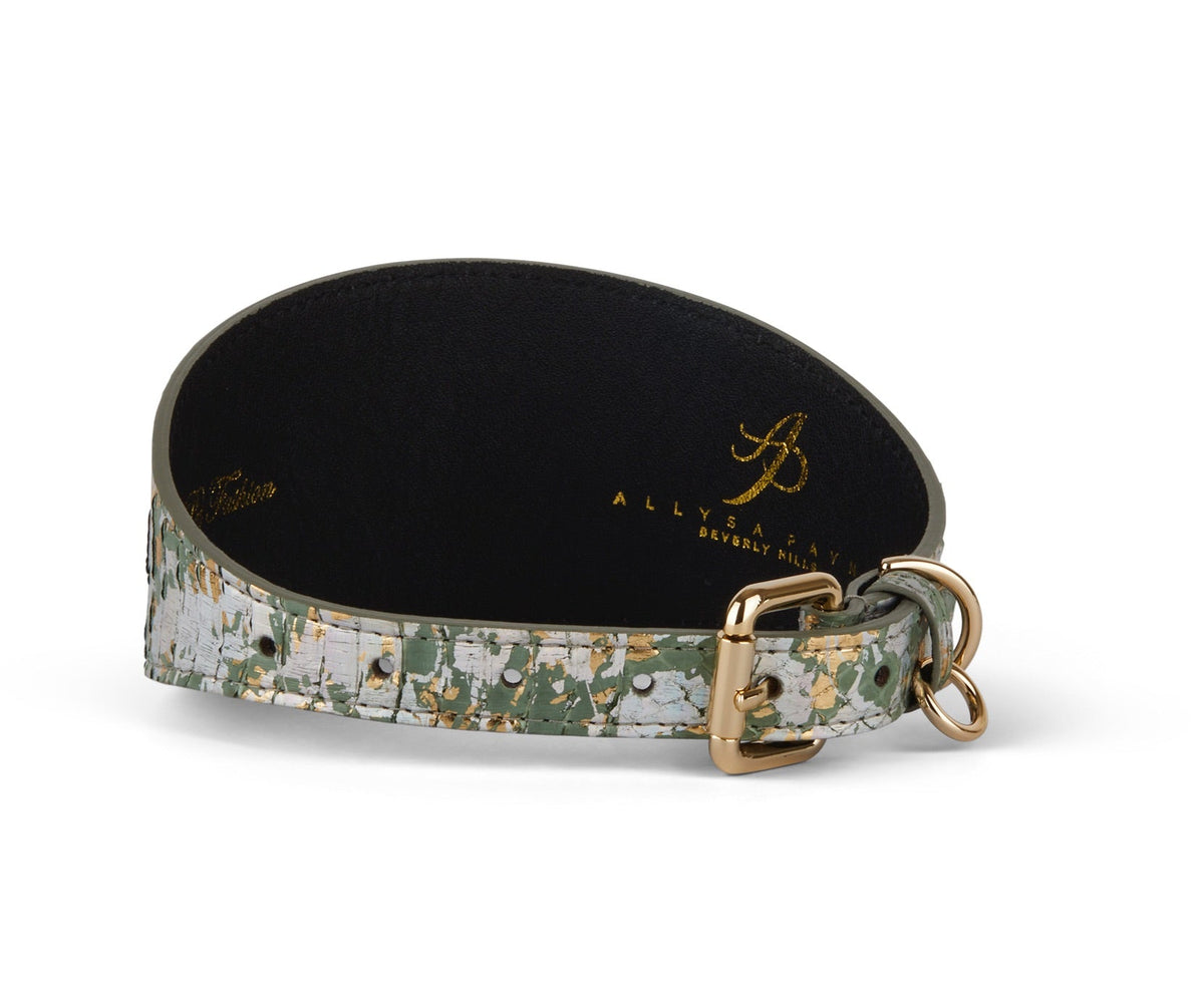 Curved, iridescent green, gold, and silver Art Deco style collar with a gold buckle and D-ring, shown against a white background.