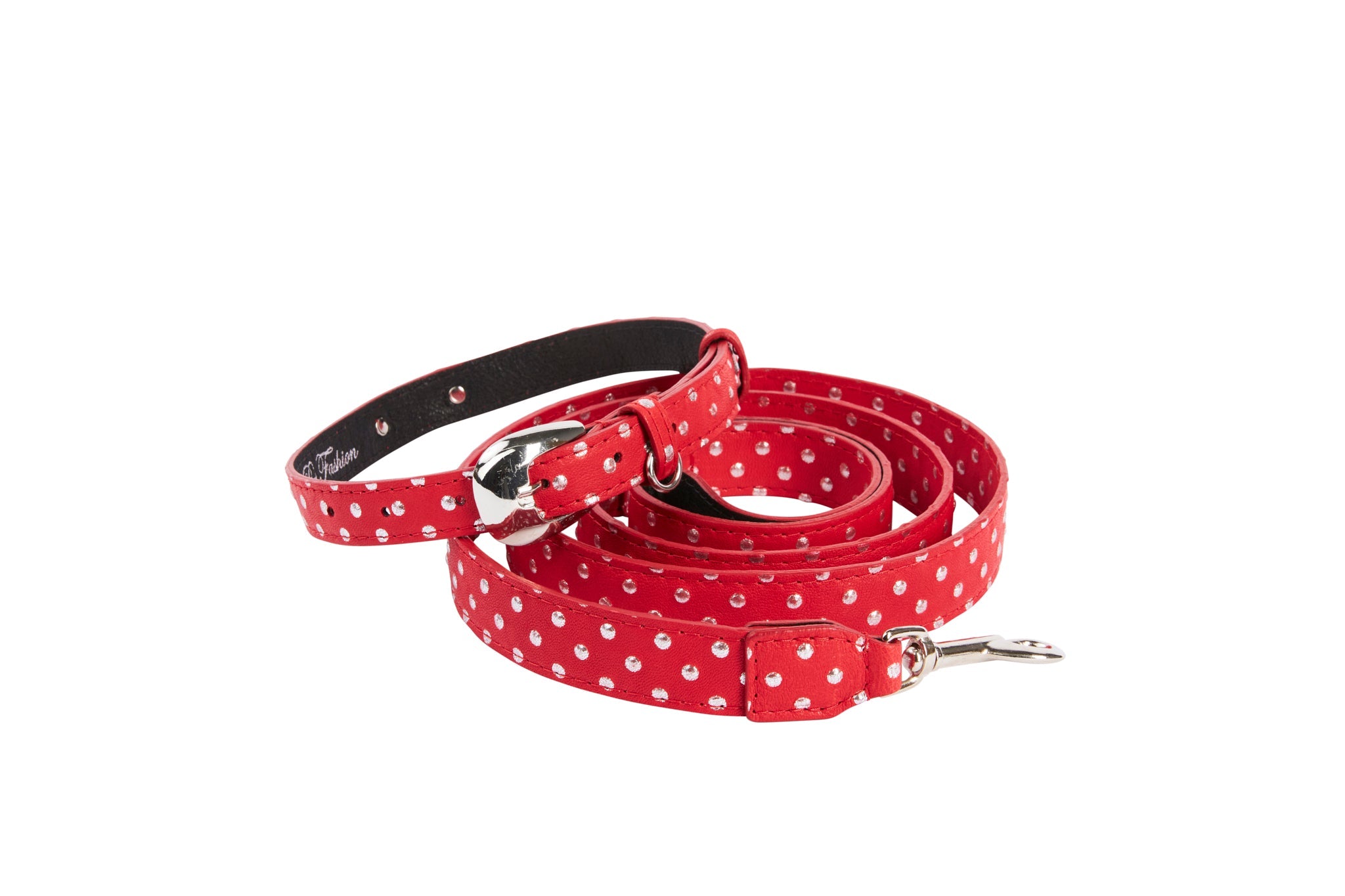 Red & Silver Polka Dot Italian Leather Collar & Leash Set With Silver