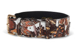 Classic collar featuring Italian leather with detailed butterfly wing print in shades of brown, black, and orange, accented by a polished gold buckle.