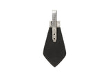 Black leather tie with a wide, pointed shape and a textured silver metal clip attached at the top center.