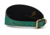 Green textured 3-inch wide collar with gold buckle and subtle gold patterning, resting on its side against a white background.