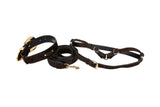 Coiled dark brown leather dog leash and matching collar with gold-tone hardware, displayed on a white background.